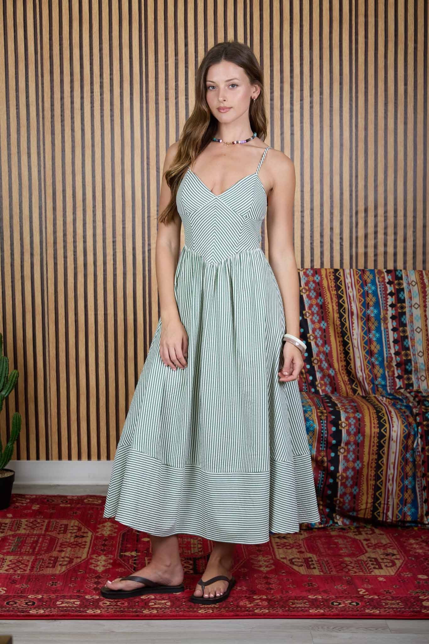 STRIPED BASQUE WAIST MIDI DRESS