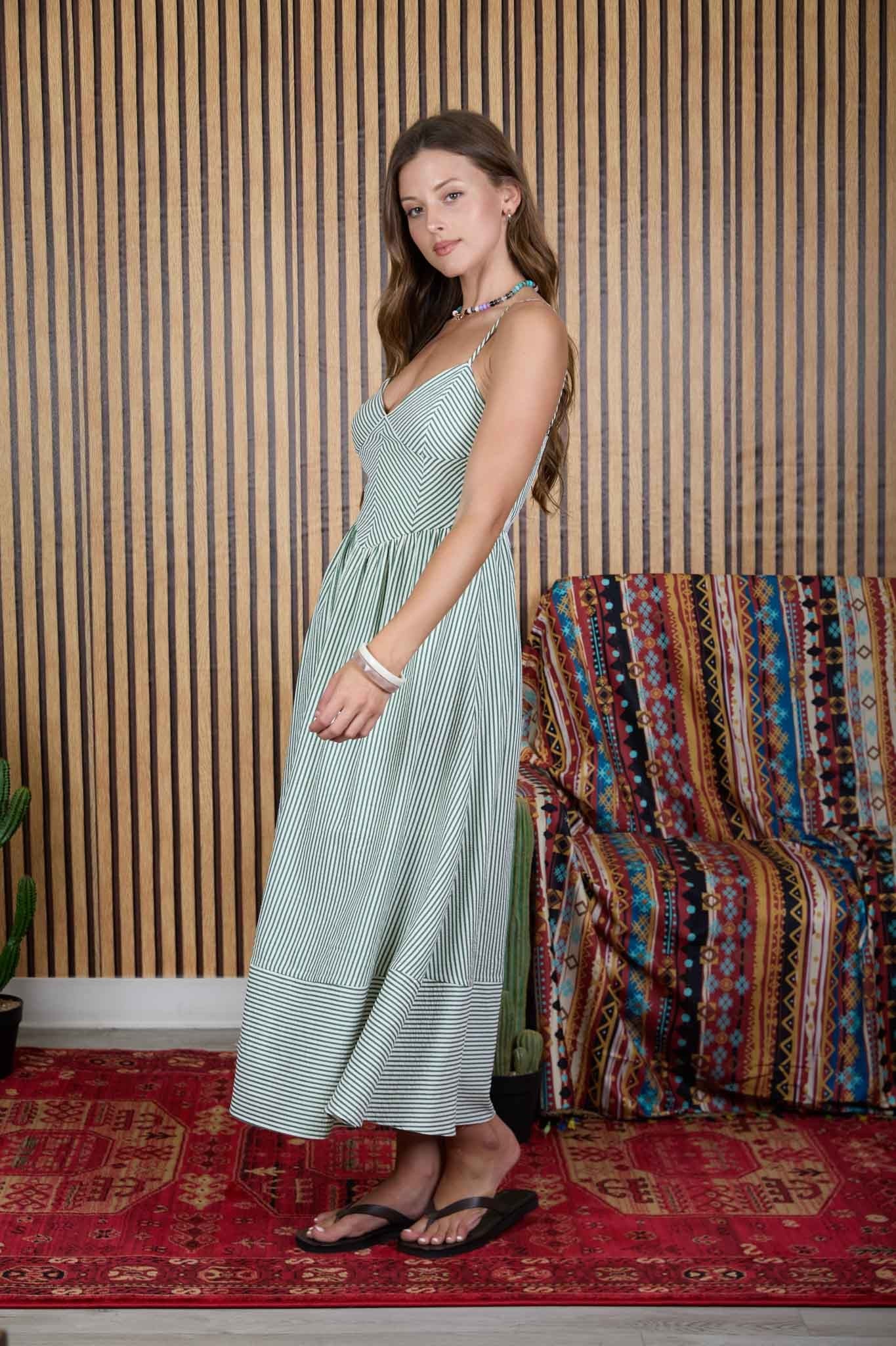 STRIPED BASQUE WAIST MIDI DRESS