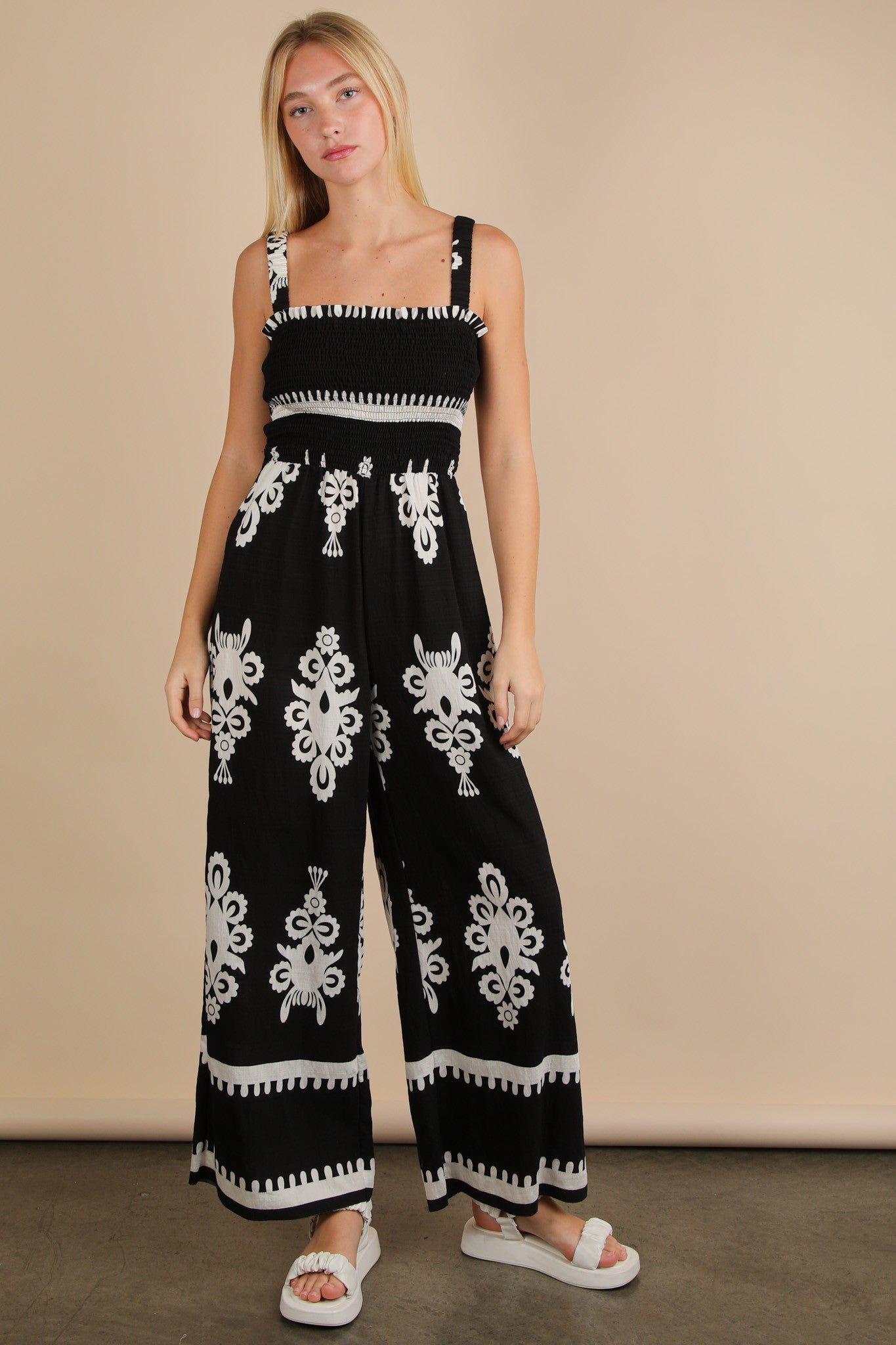 PRINTED SMOCK BACK JUMPSUIT