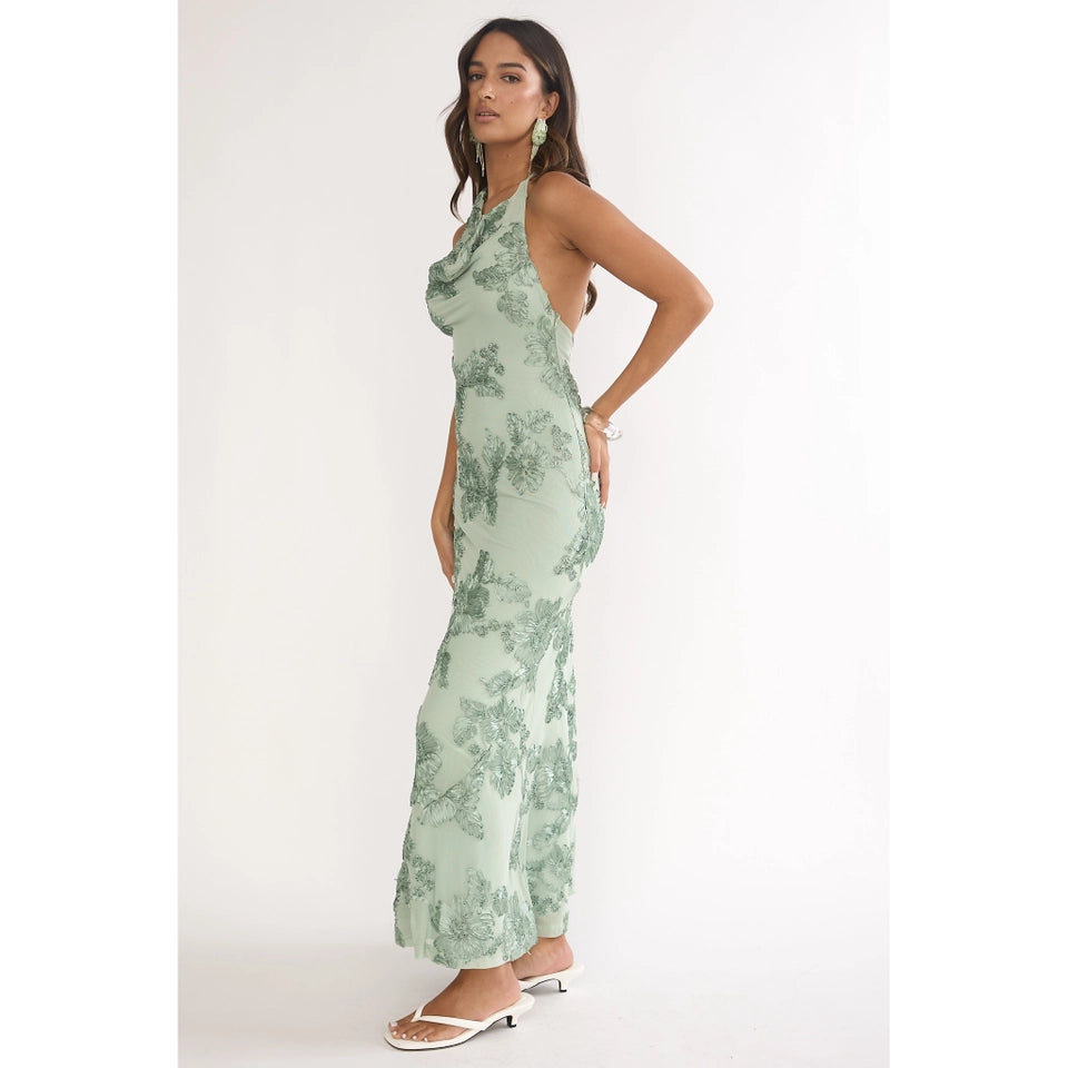 EMBROIDERED COWL NECK DRESS