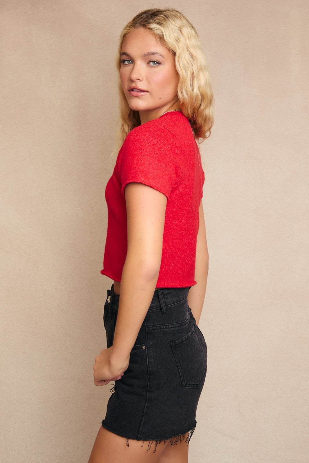 SHORT SLEEVE CROPPED SWEATER