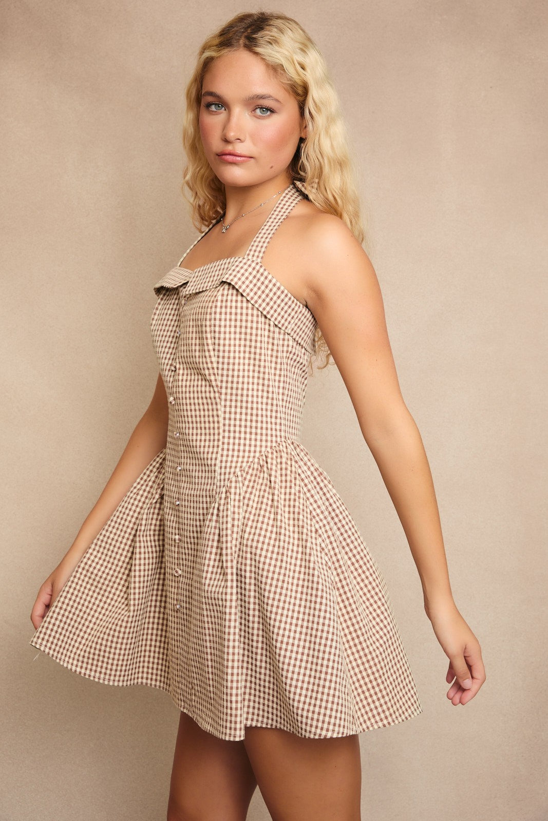 GINGHAM PRINT HALTER NECK DRESS