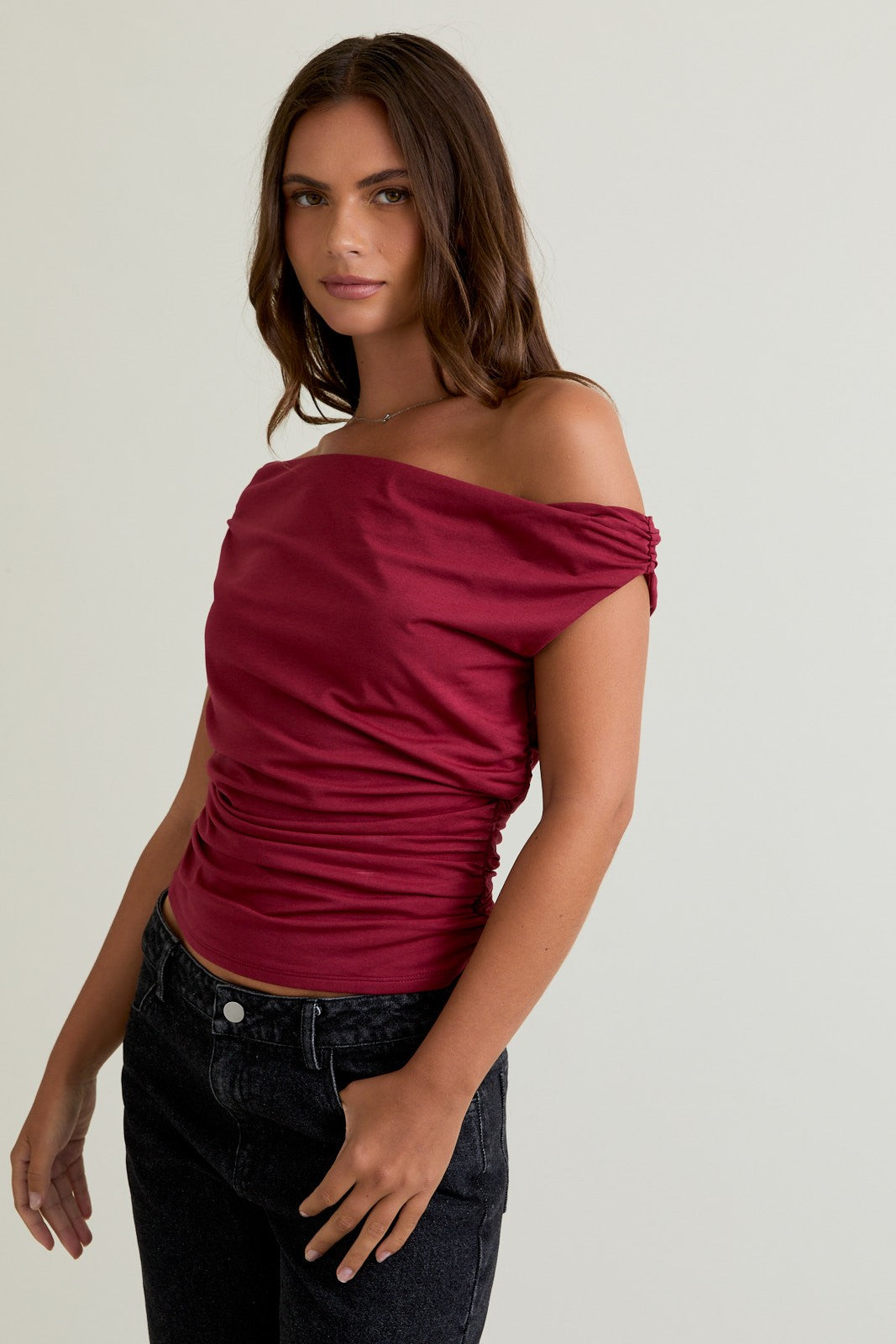 RUCHED OFF SHOULDER TOP