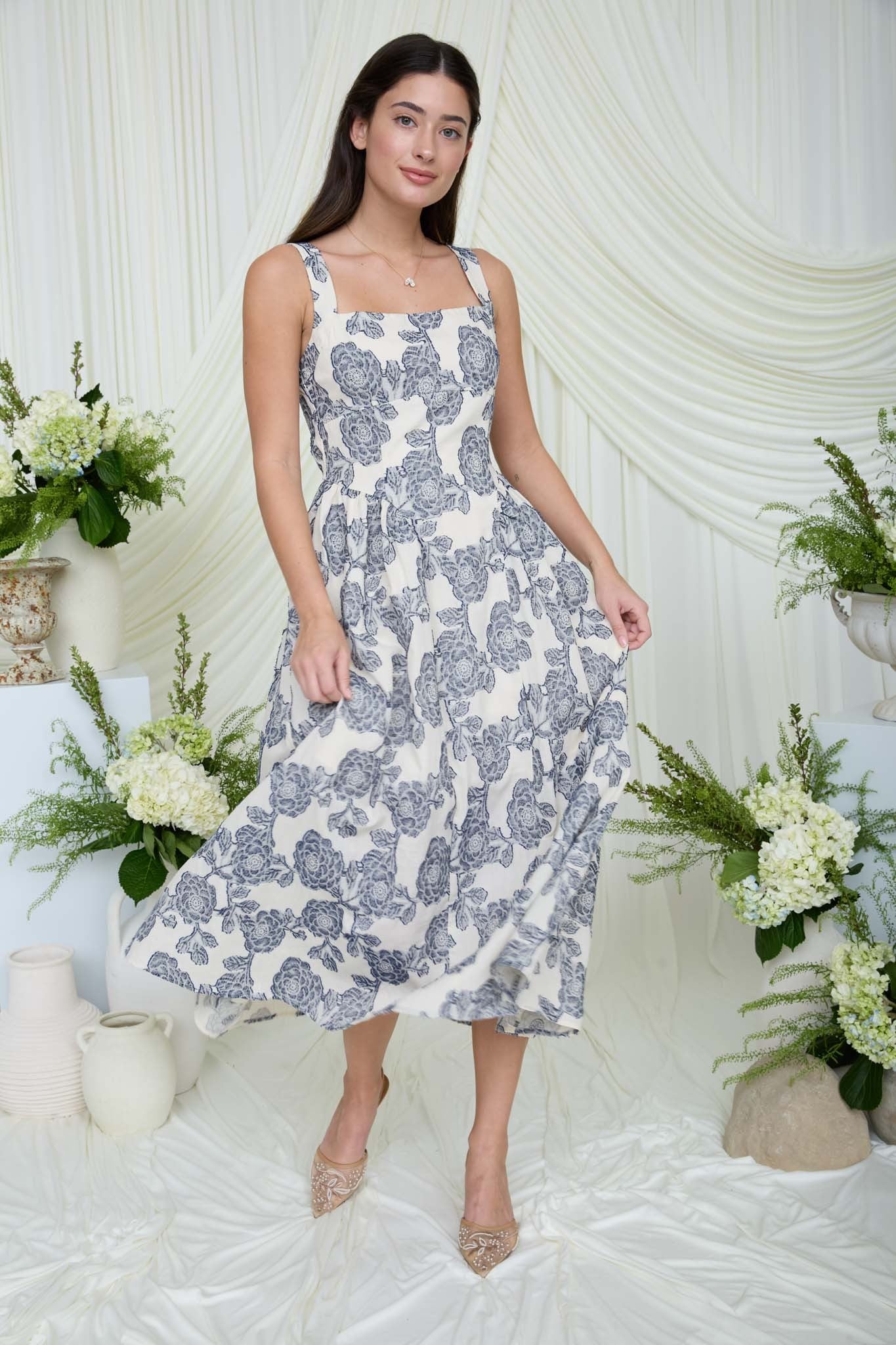 FLORAL JACQUARD PATTERN MIDI DRESS