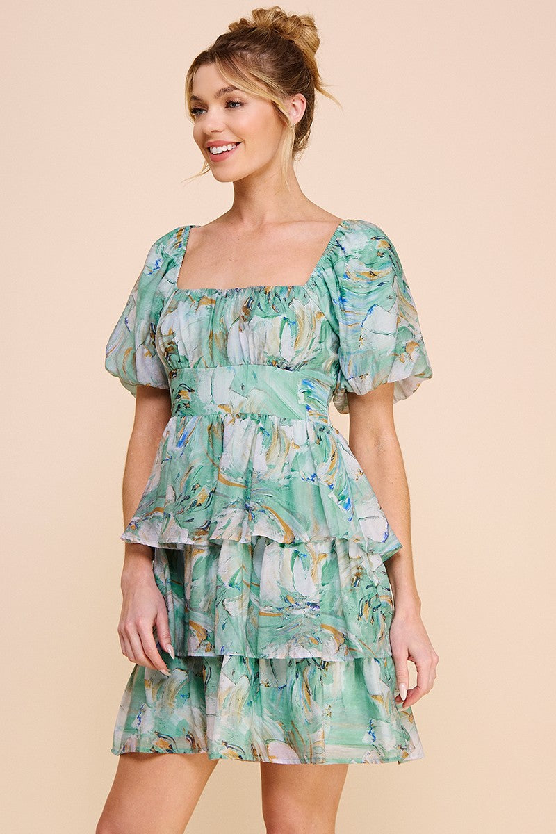 TIERED PUFF SLEEVE DRESS