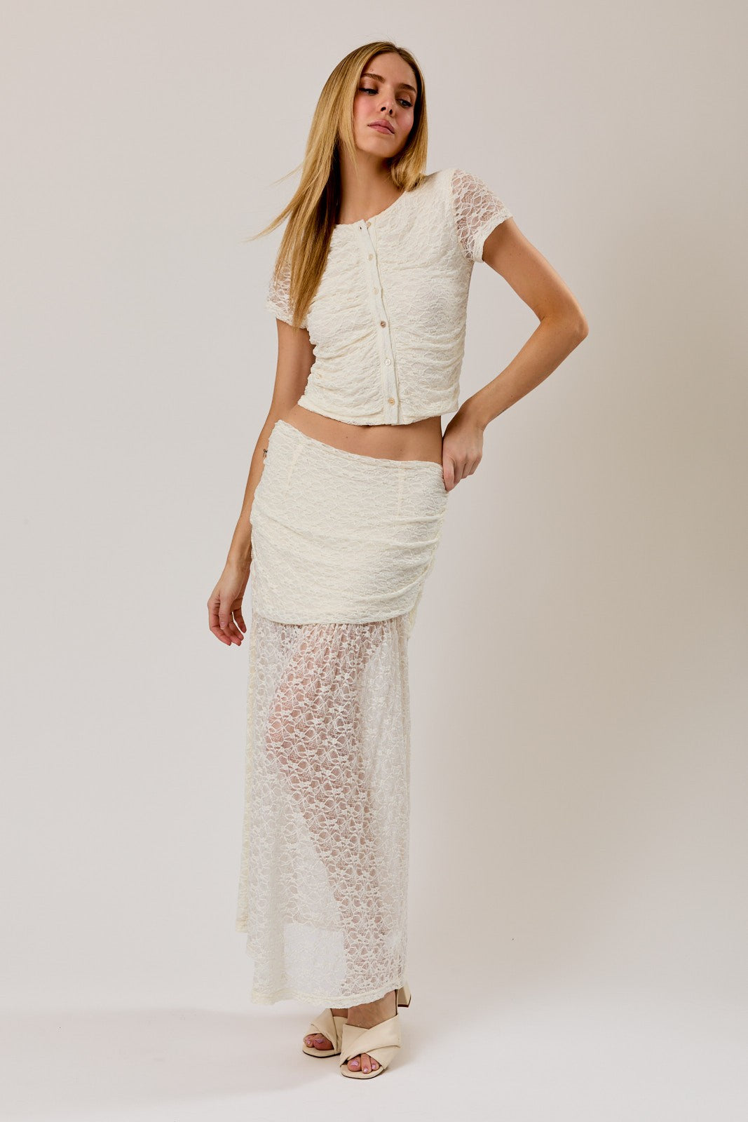 RUCHED LACE MIDI SKIRT