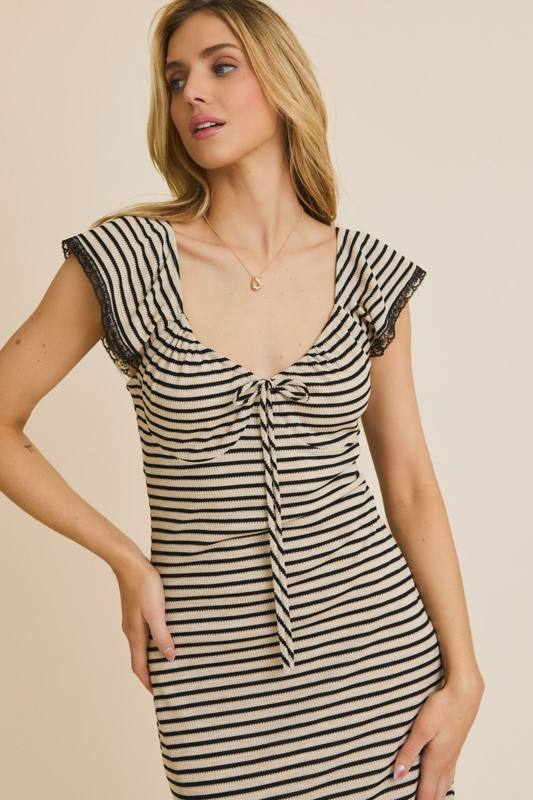 LACE TRIM STRIPE DRESS