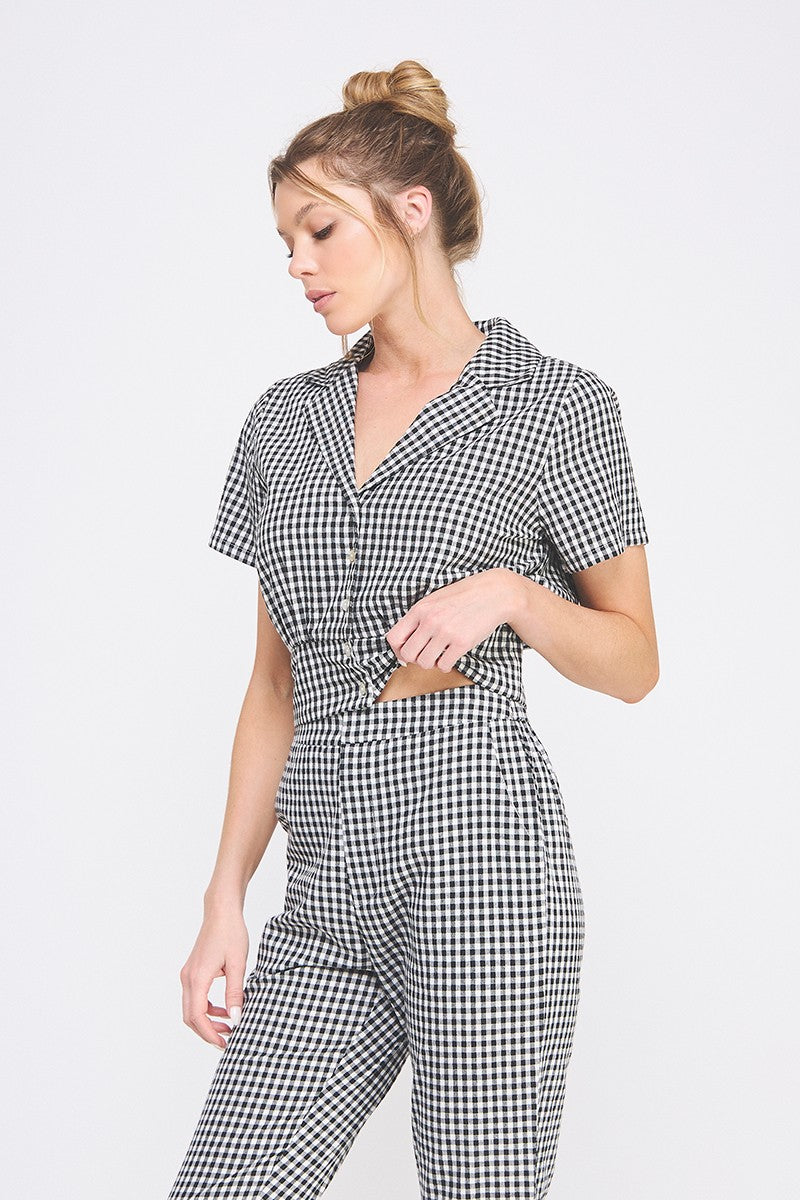 GINGHAM PRINT CROPPED BLOUSE