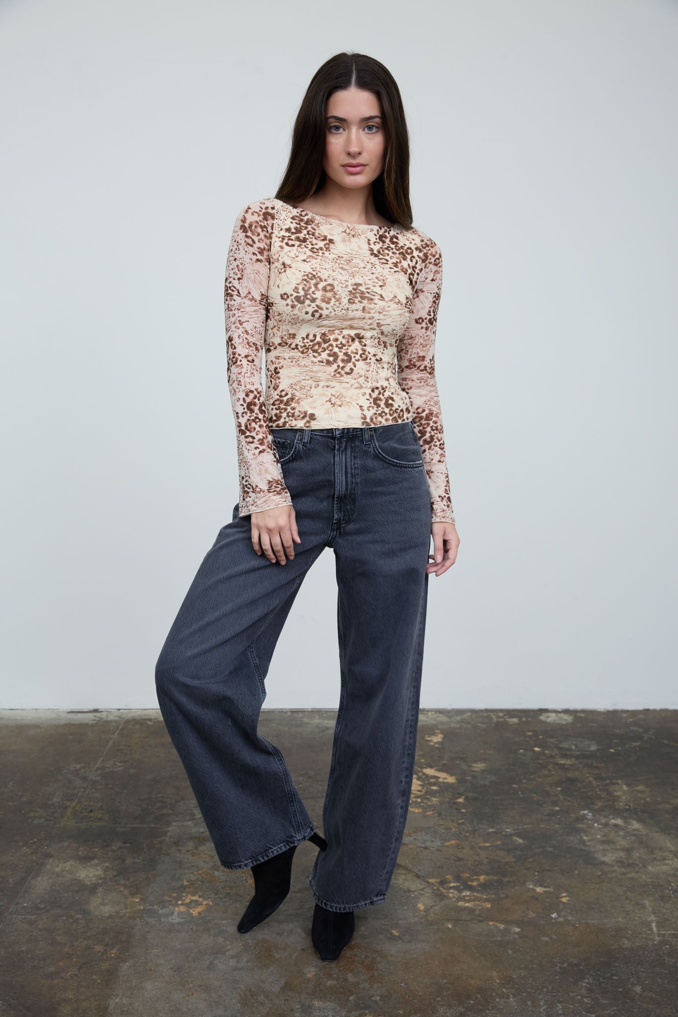PRINTED LONG SLEEVE MESH TOP