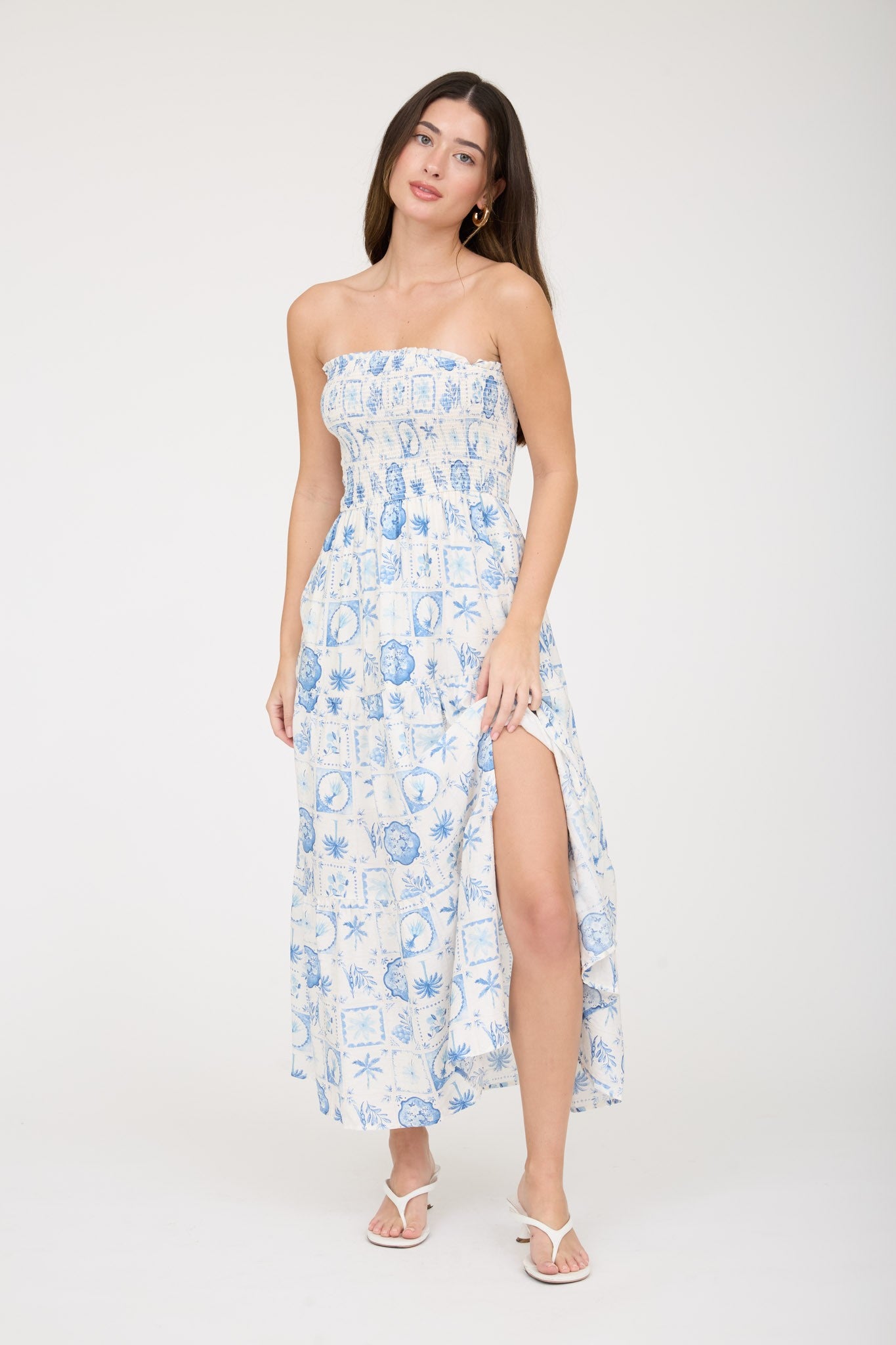 STRAPLESS PRINT MIDI DRESS