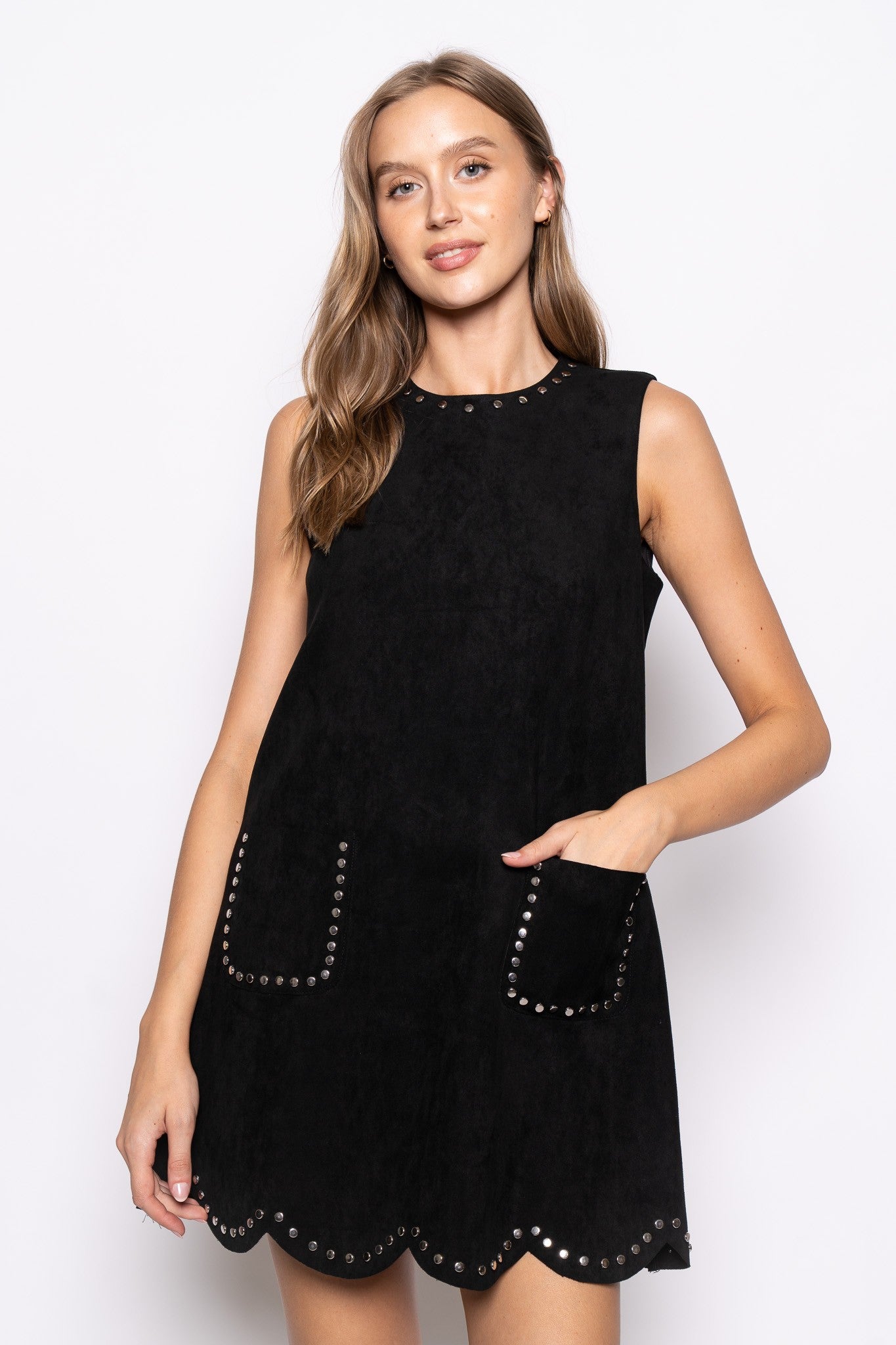 SCALLOP METAL DETAIL SUEDE DRESS