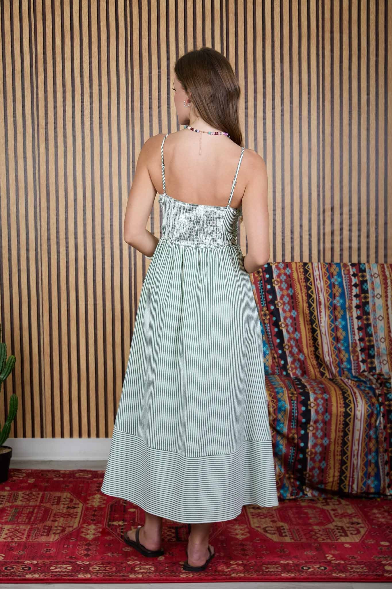 STRIPED BASQUE WAIST MIDI DRESS