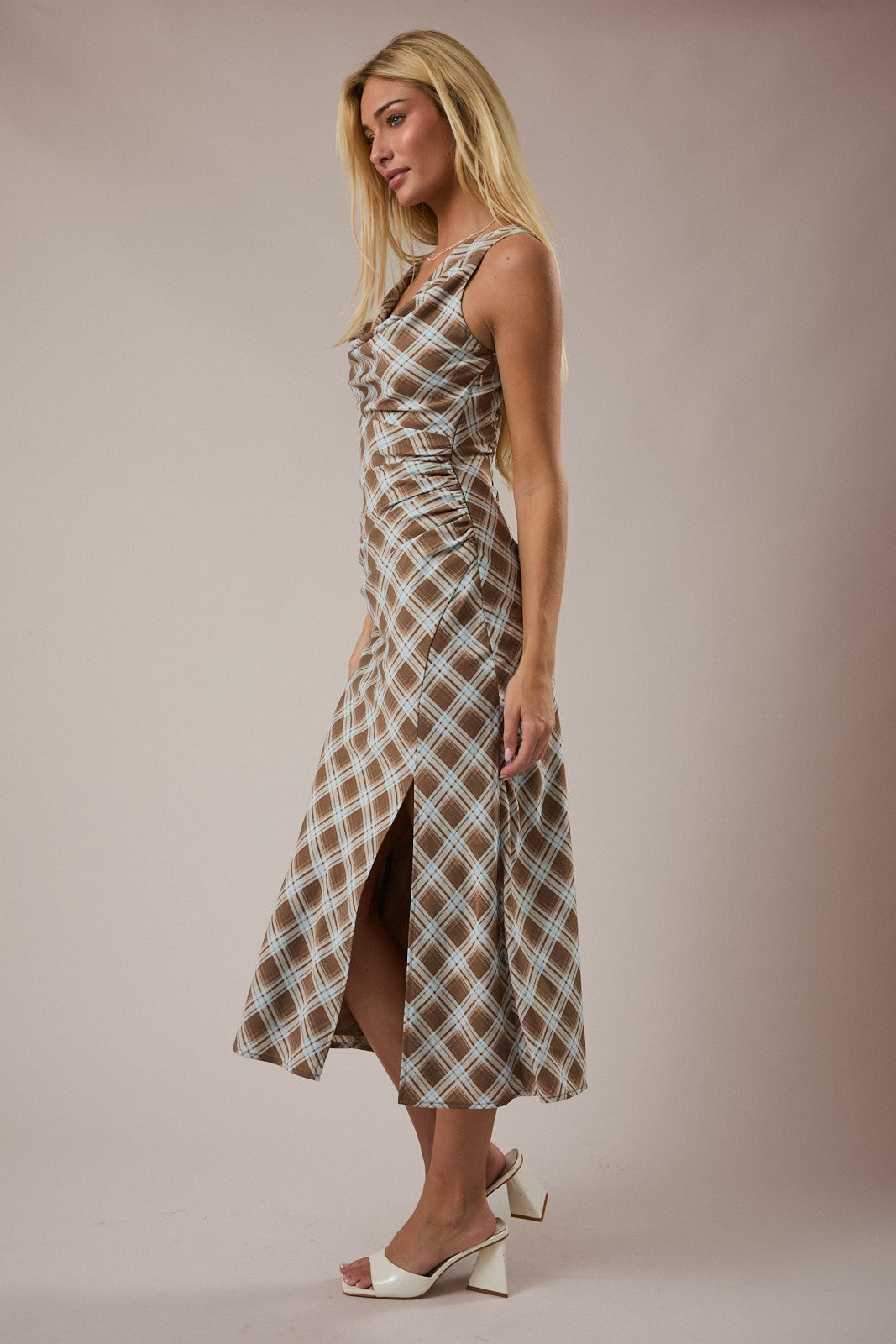 COWL NECK PLAID DRESS
