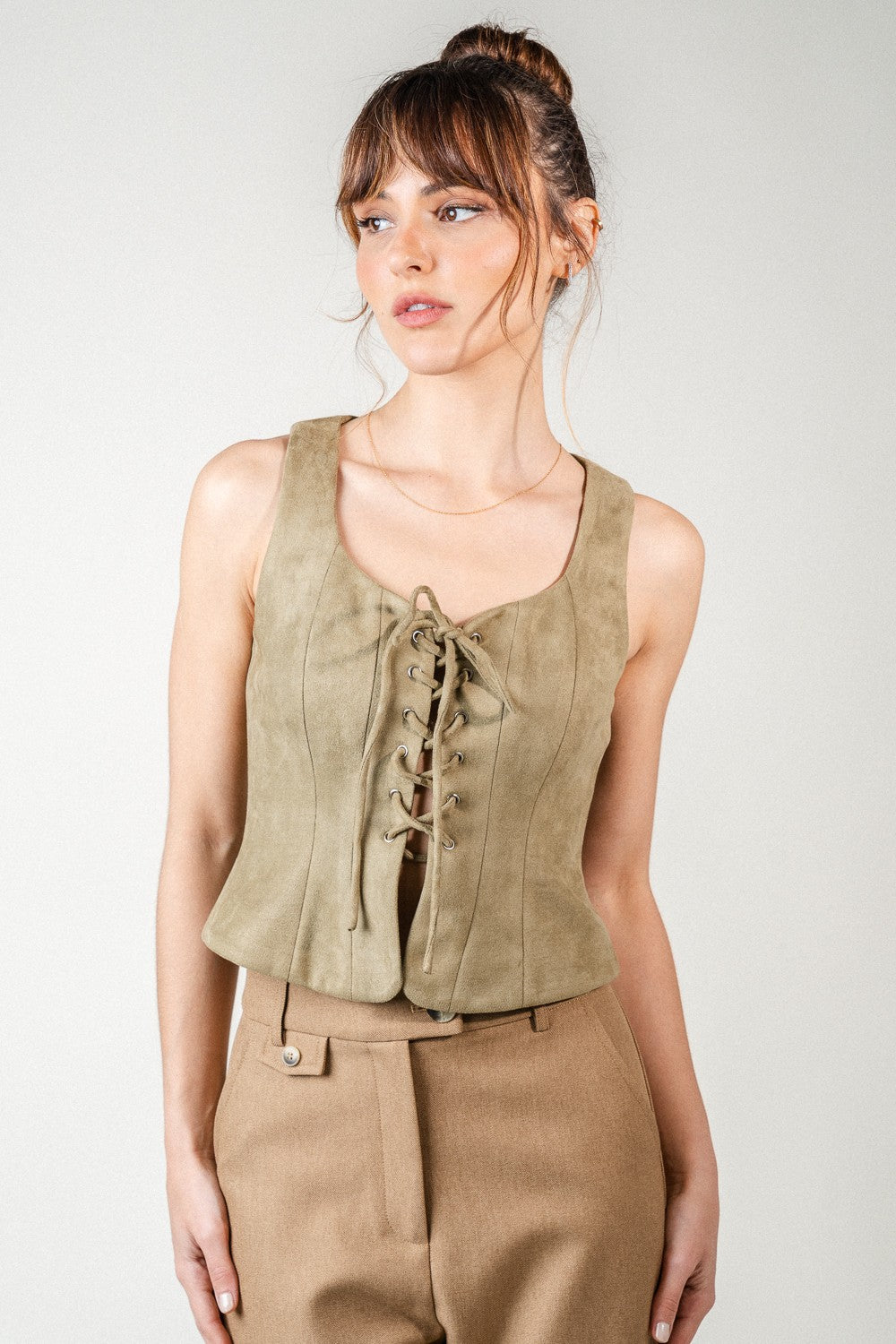FAUX SUEDE CORSET TIE TOP