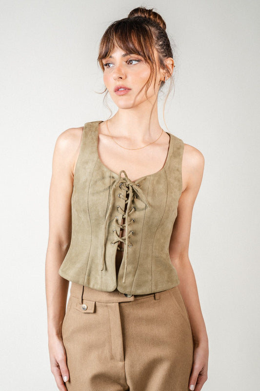 FAUX SUEDE CORSET TIE TOP