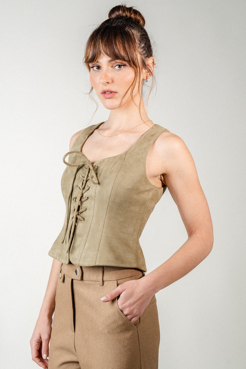 FAUX SUEDE CORSET TIE TOP