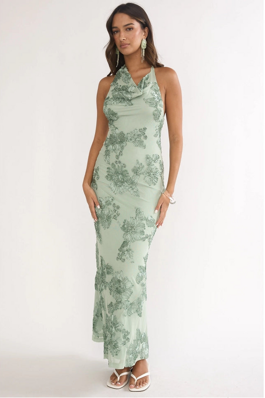 EMBROIDERED COWL NECK DRESS