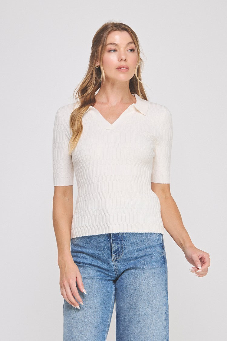 PATTERNED RIB POLO TOP
