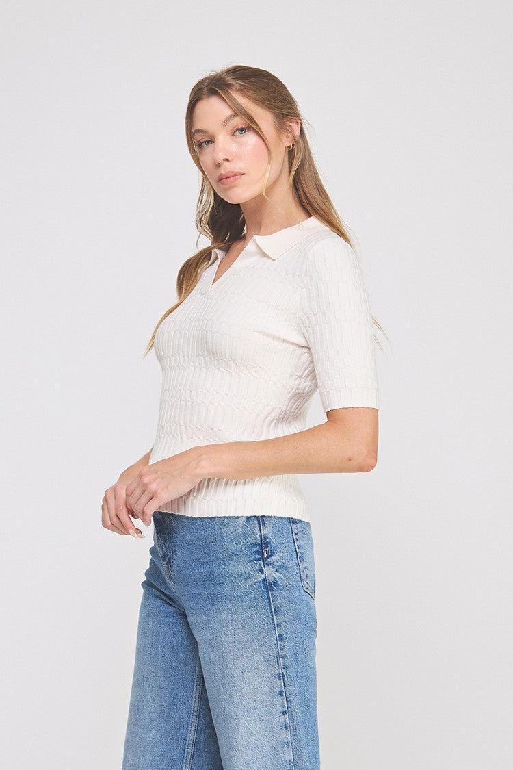 PATTERNED RIB POLO TOP