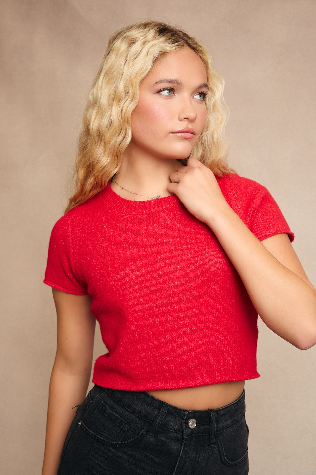 SHORT SLEEVE CROPPED SWEATER