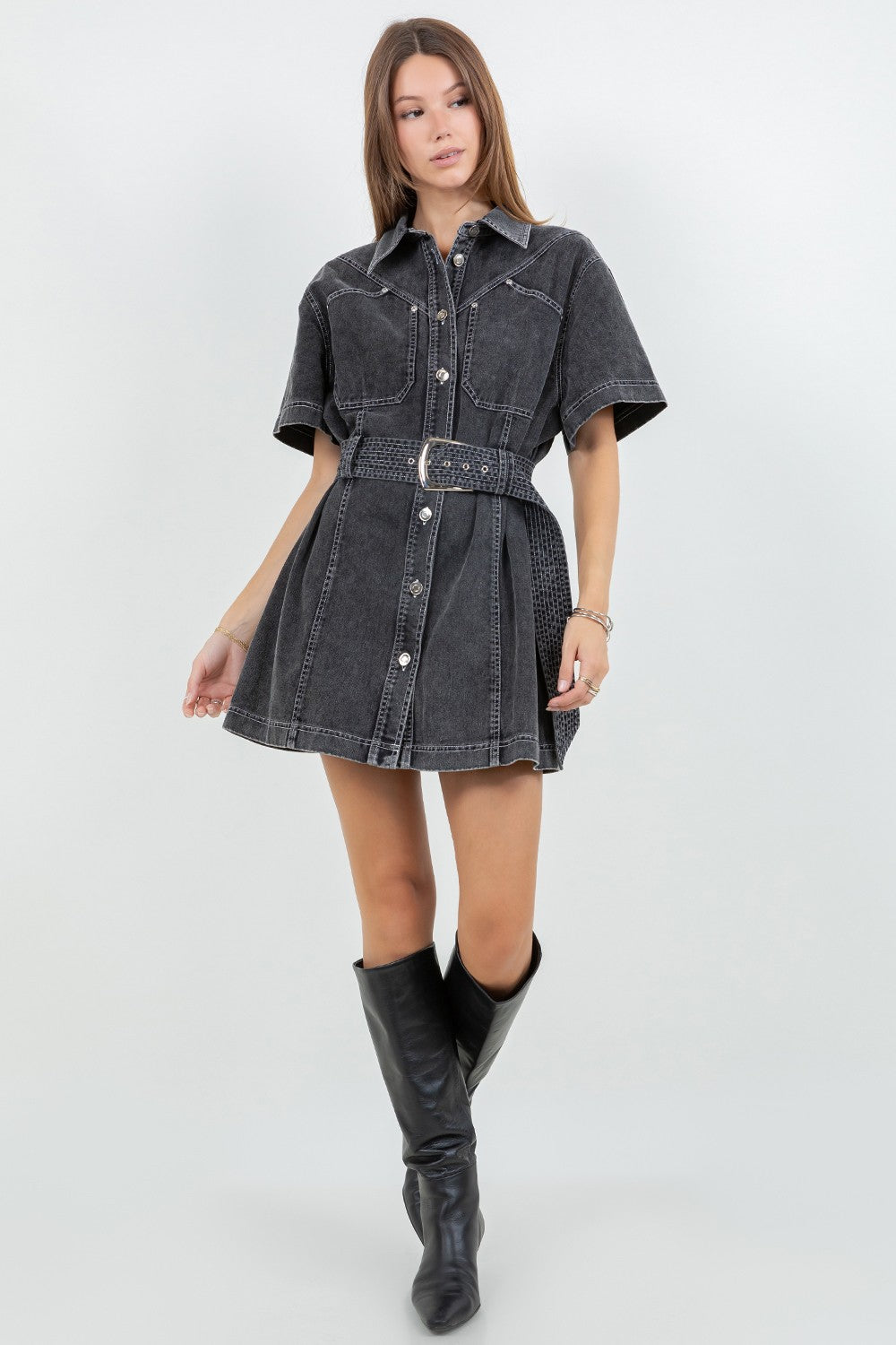 CONTRAST STITCH DENIM DRESS