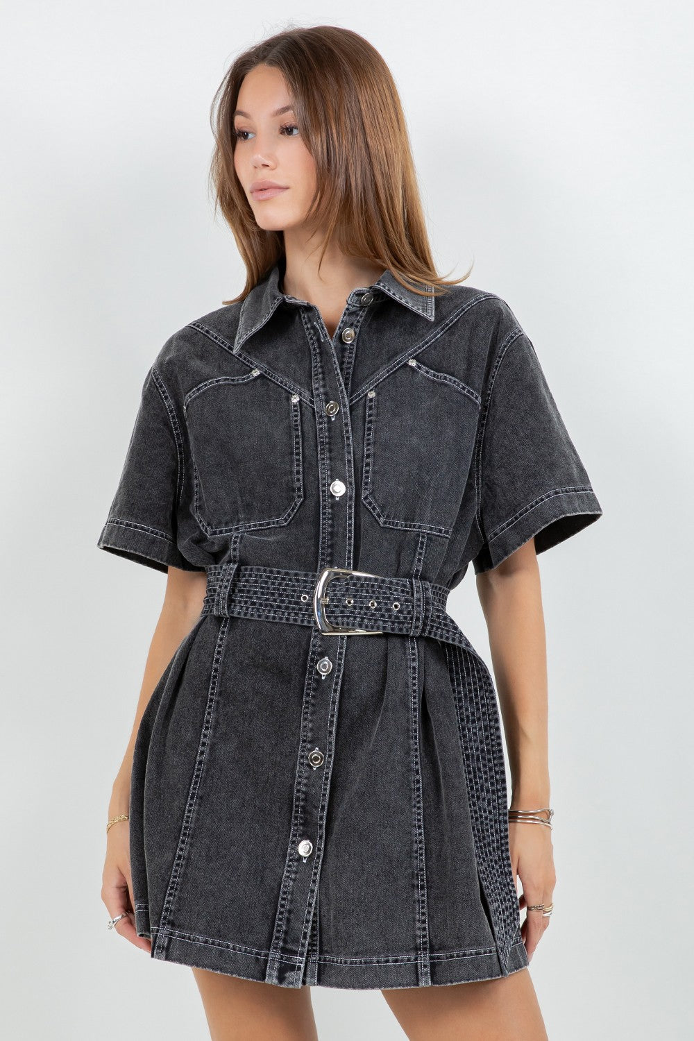 CONTRAST STITCH DENIM DRESS