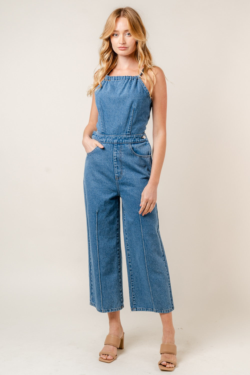 DENIM HALTER JUMPSUIT