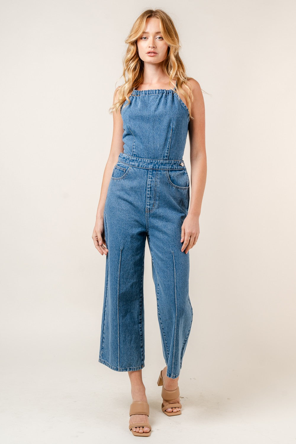 DENIM HALTER JUMPSUIT