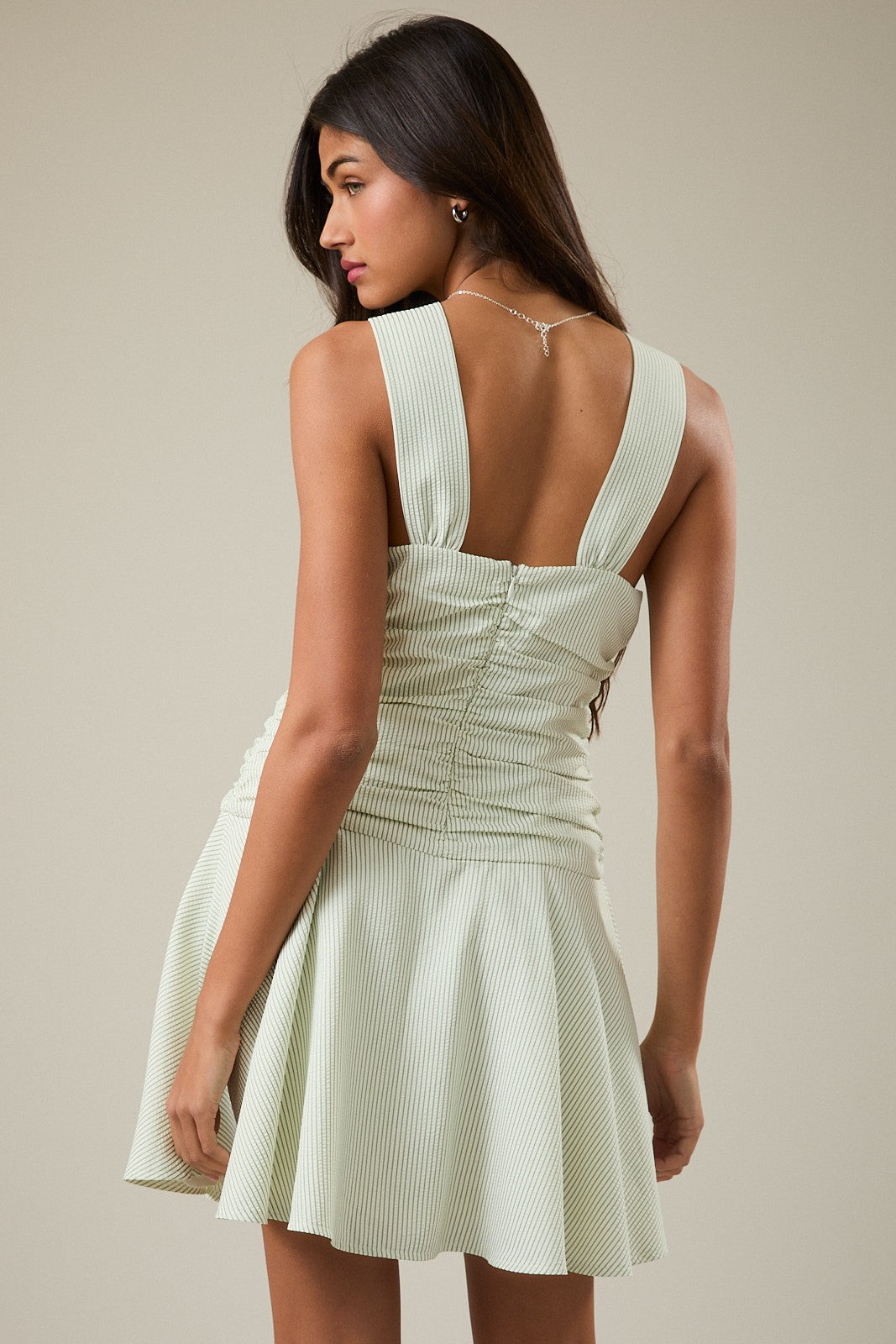 STRIPED MINI DRESS W/ SHIRRING DETAIL