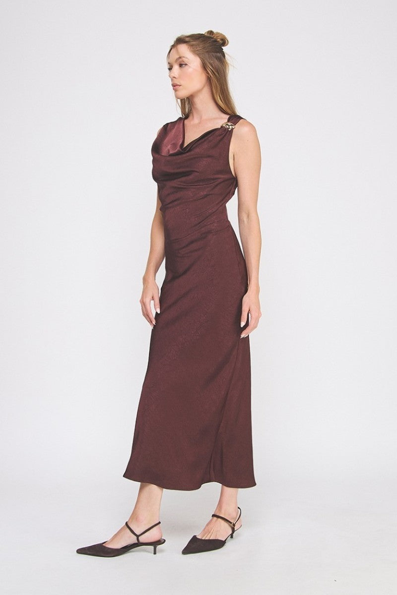 BROOCH DETAIL SATIN DRESS