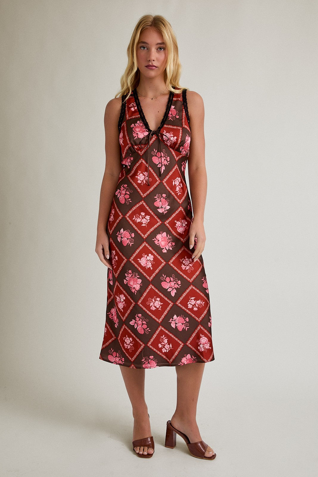 V-NECK LACE TRIM MIDI DRESS