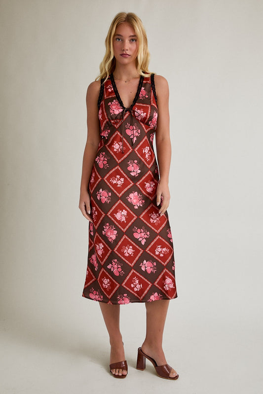 V-NECK LACE TRIM MIDI DRESS