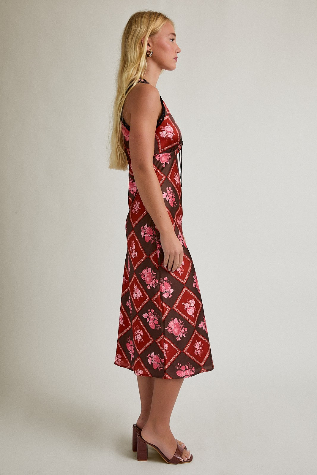 V-NECK LACE TRIM MIDI DRESS