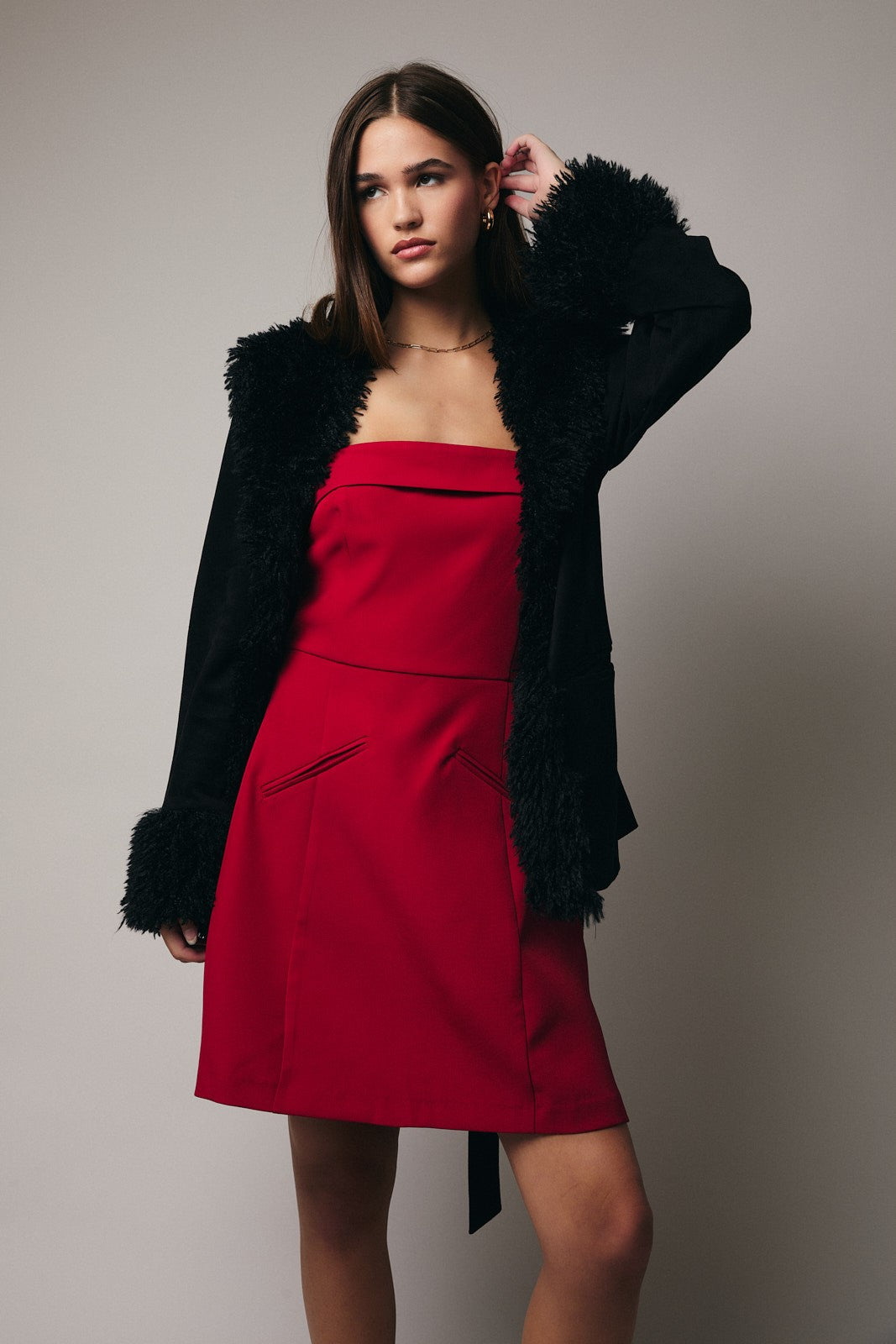 FAUX FUR TRIM SUEDE JACKET