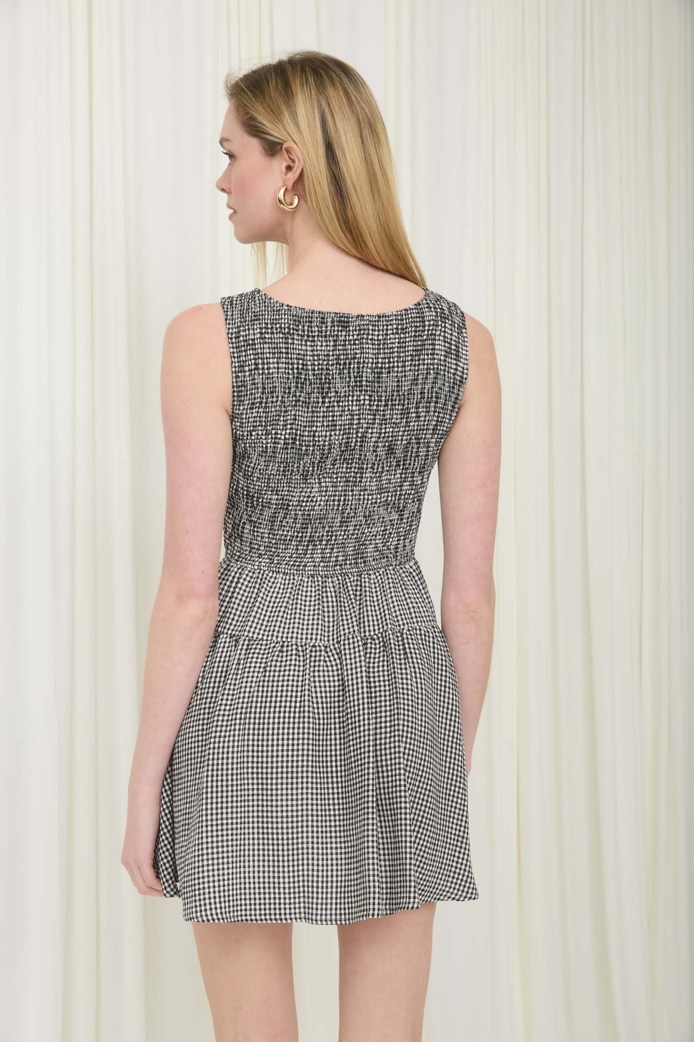 GINGHAM PRINT SMOCKED MINI DRESS