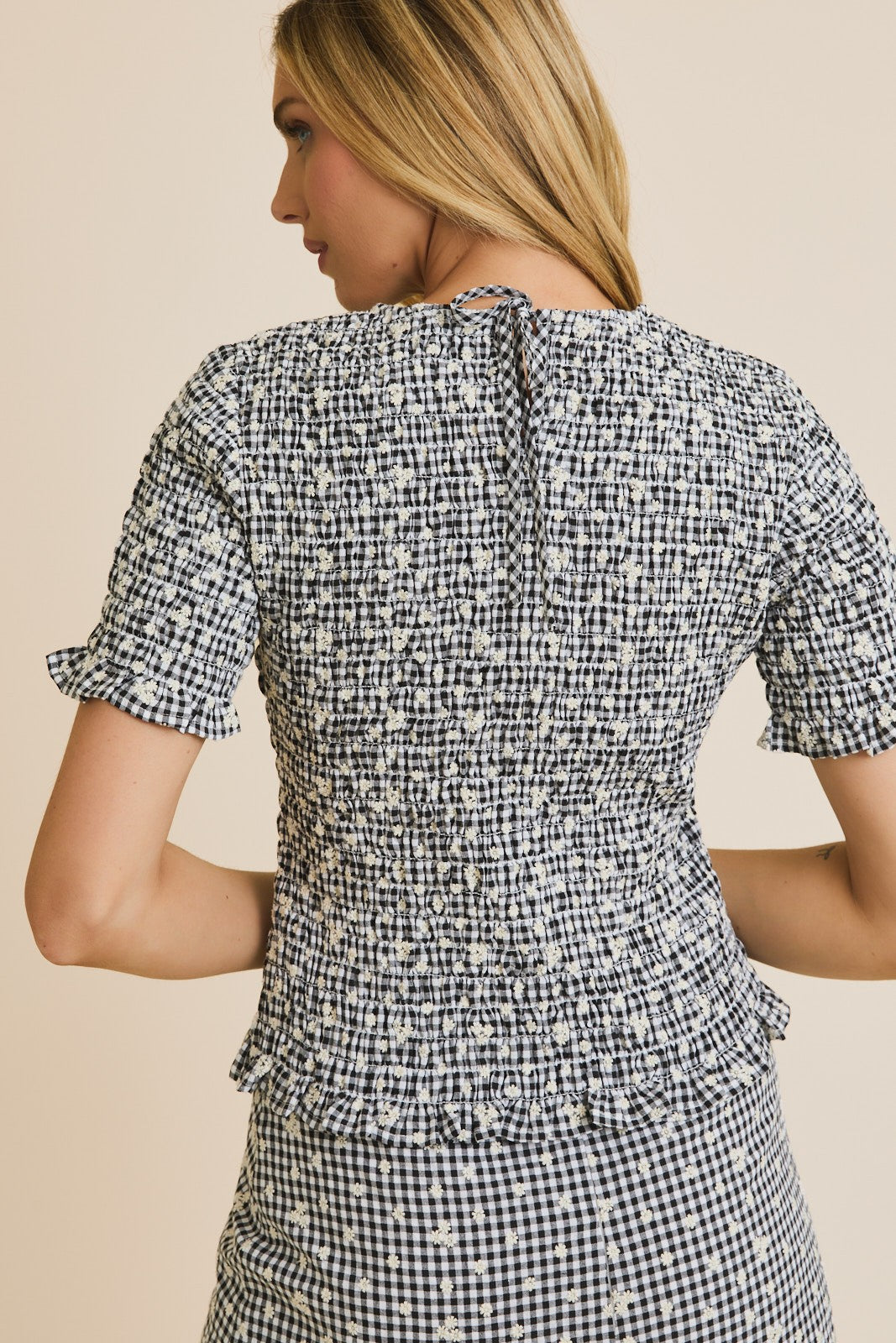 SMOCKED GINGHAM TOP