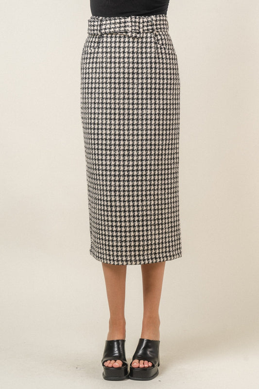BELTED HOUNDSTOOTH SKIRT