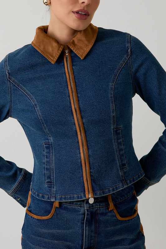 SUEDE TRIM DETAIL DENIM JACKET