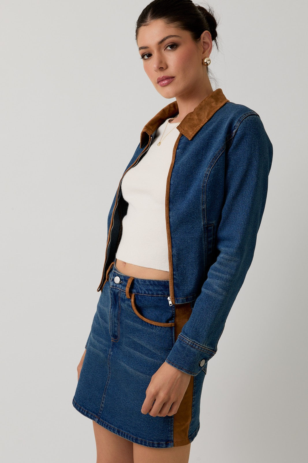 SUEDE TRIM DETAIL DENIM SKORT