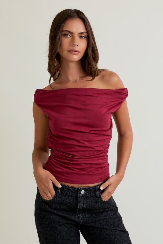 RUCHED OFF SHOULDER TOP