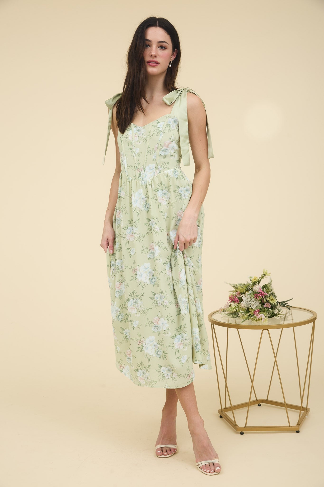 FLORAL PRINT TIE STRAP MIDI DRESS