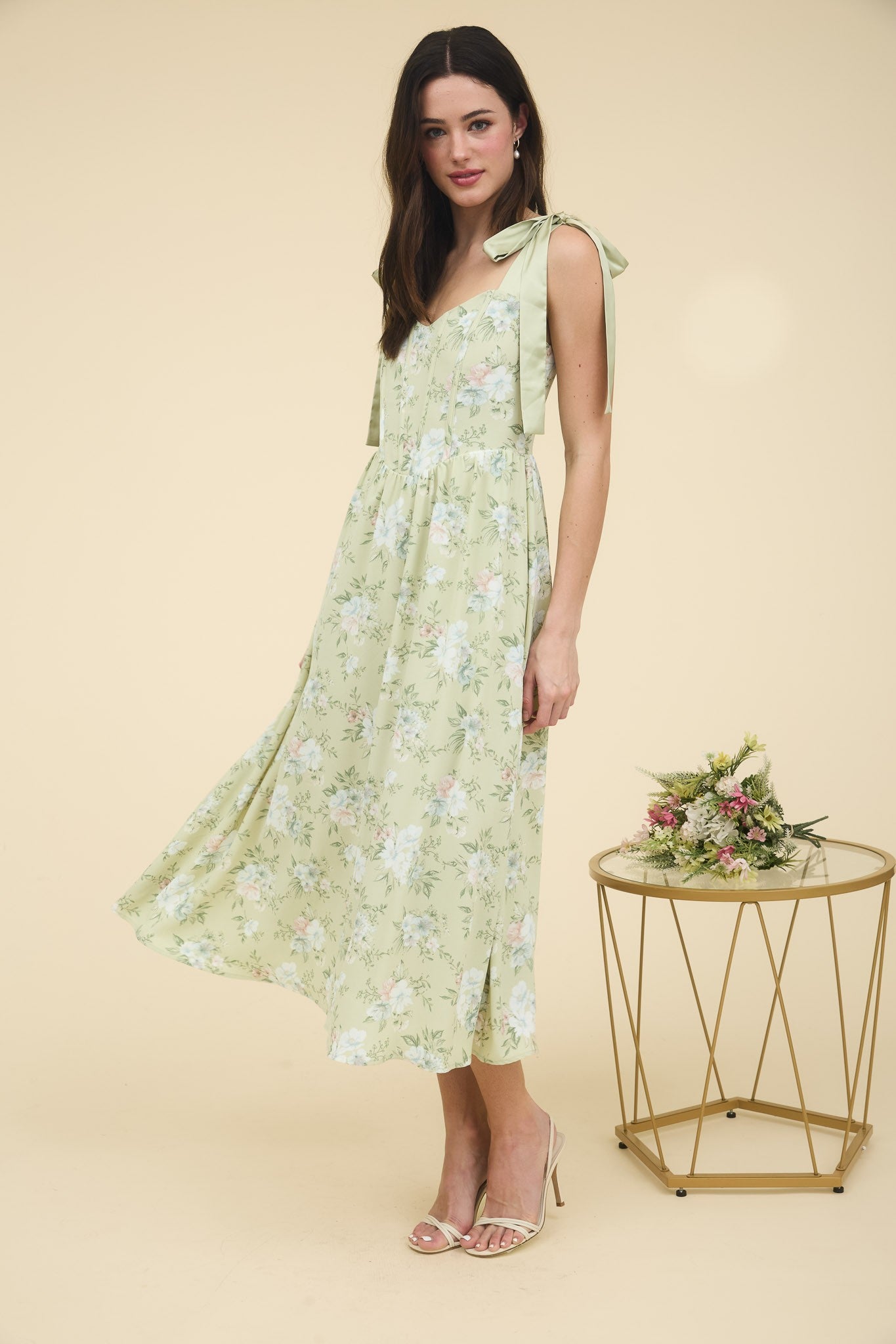 FLORAL PRINT TIE STRAP MIDI DRESS