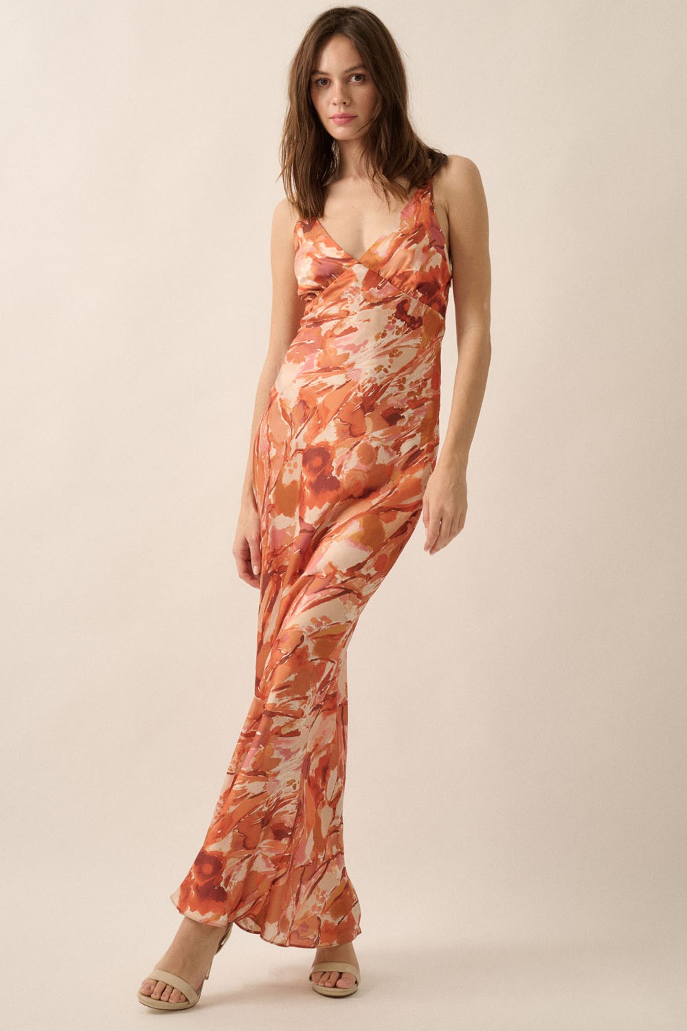SATIN SUNSET PRINT MAXI DRESS