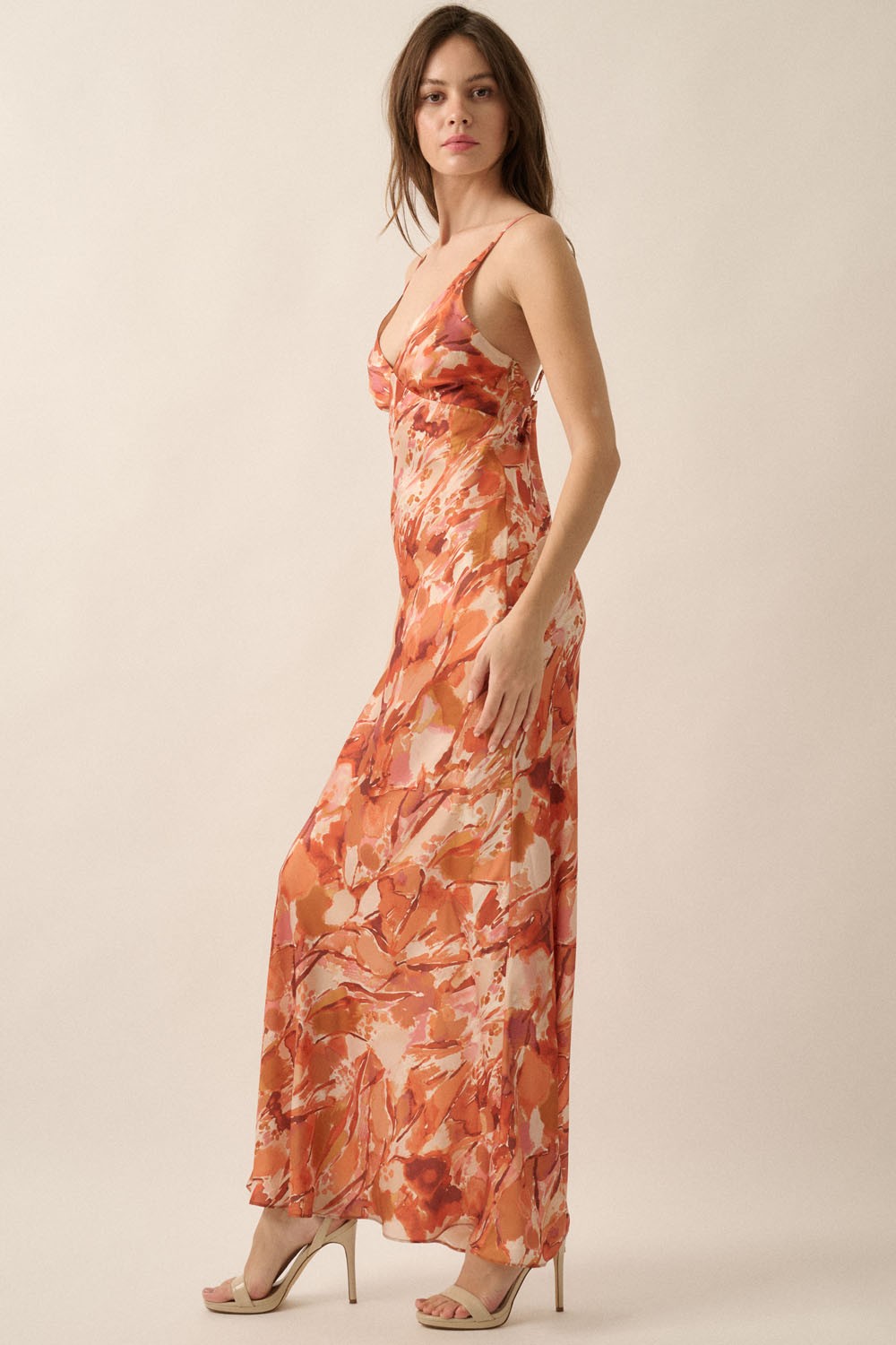 SATIN SUNSET PRINT MAXI DRESS