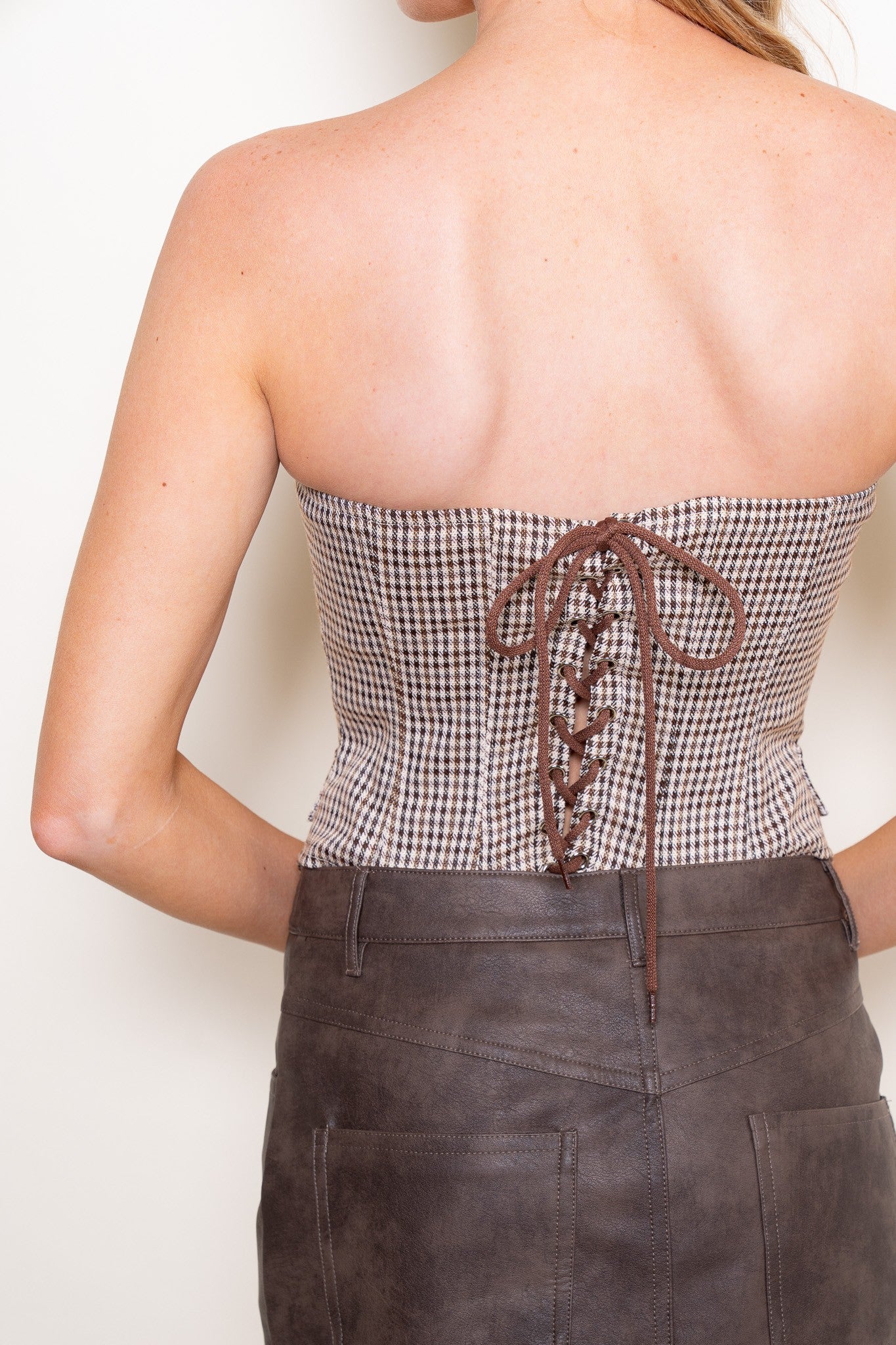 PLAID LACE UP TUBE TOP