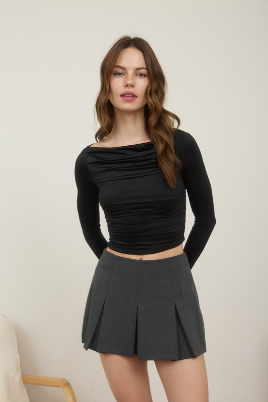 RUCHED BOAT NECK LONG SLEEVE