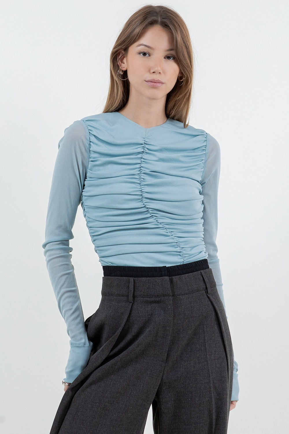 SHIRRING STRETCH MESH TOP
