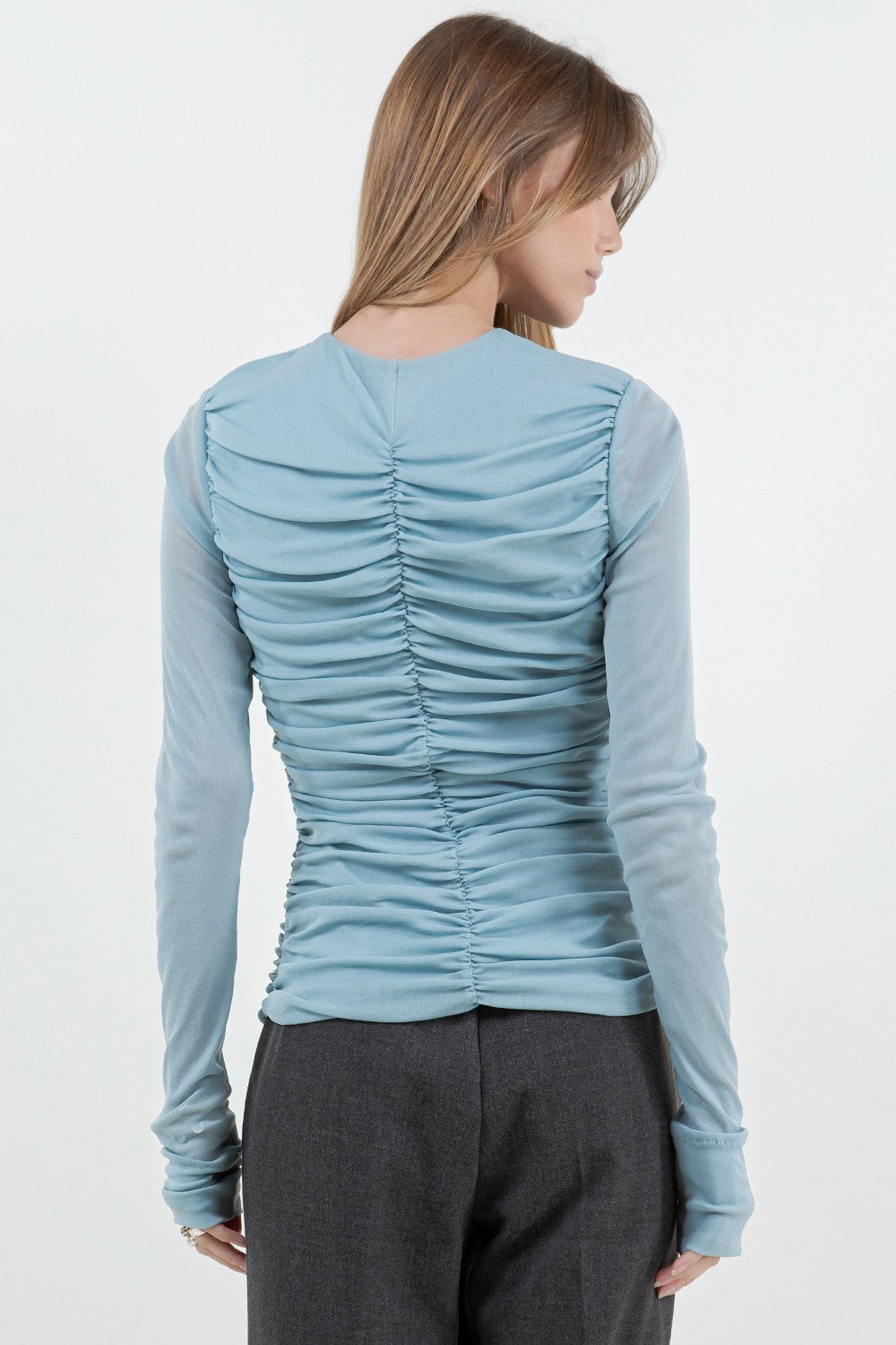 SHIRRING STRETCH MESH TOP