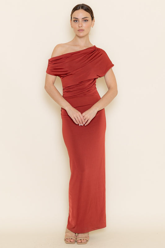 ASYMMETRIC GATHERED MAXI DRESS