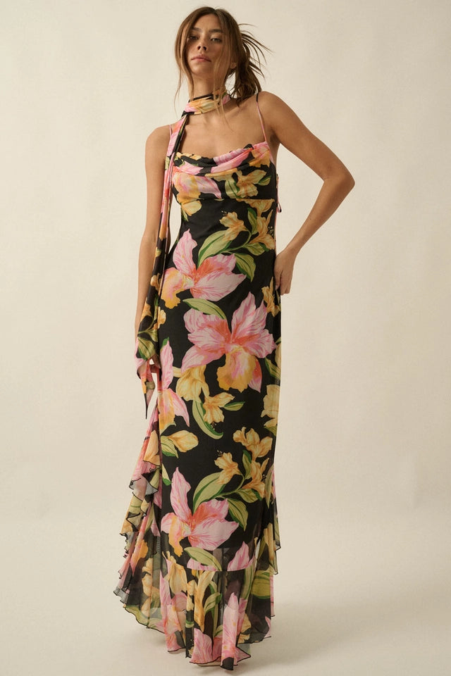 FLORAL PRINT MAXI DRESS W/ NECK SCARF